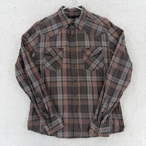 Standard Cloth Shirt Mens Medium Brown Gray Plaid Western Snap Front Cotton